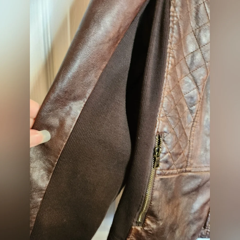 NWT Maurices Brown Distressed Faux Leather Moto Military Jacket Size 1 - Picture 6 of 10